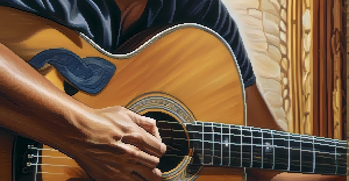 A guitarist's hands playing an acoustic guitar with focus on the intricate wood grain and strings.