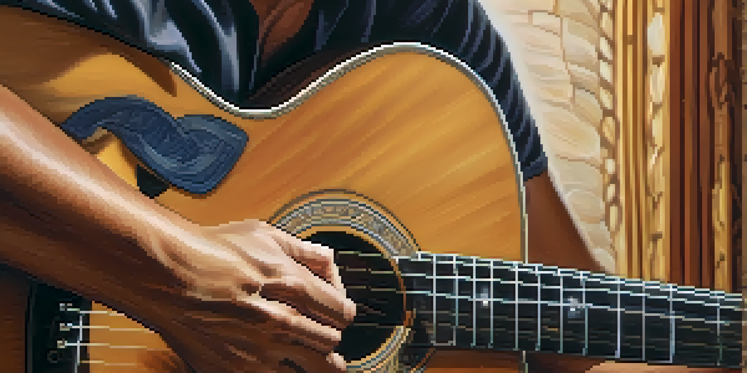 A guitarist's hands playing an acoustic guitar with focus on the intricate wood grain and strings.