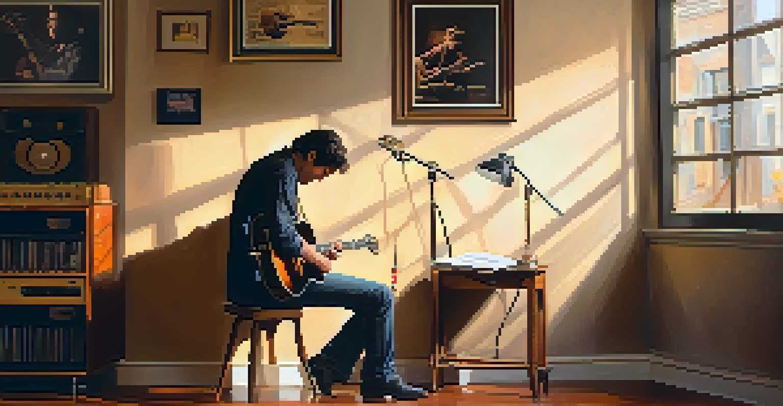 A guitarist sitting on a stool in a cozy room, surrounded by warm light and musical decor, contemplating their music.