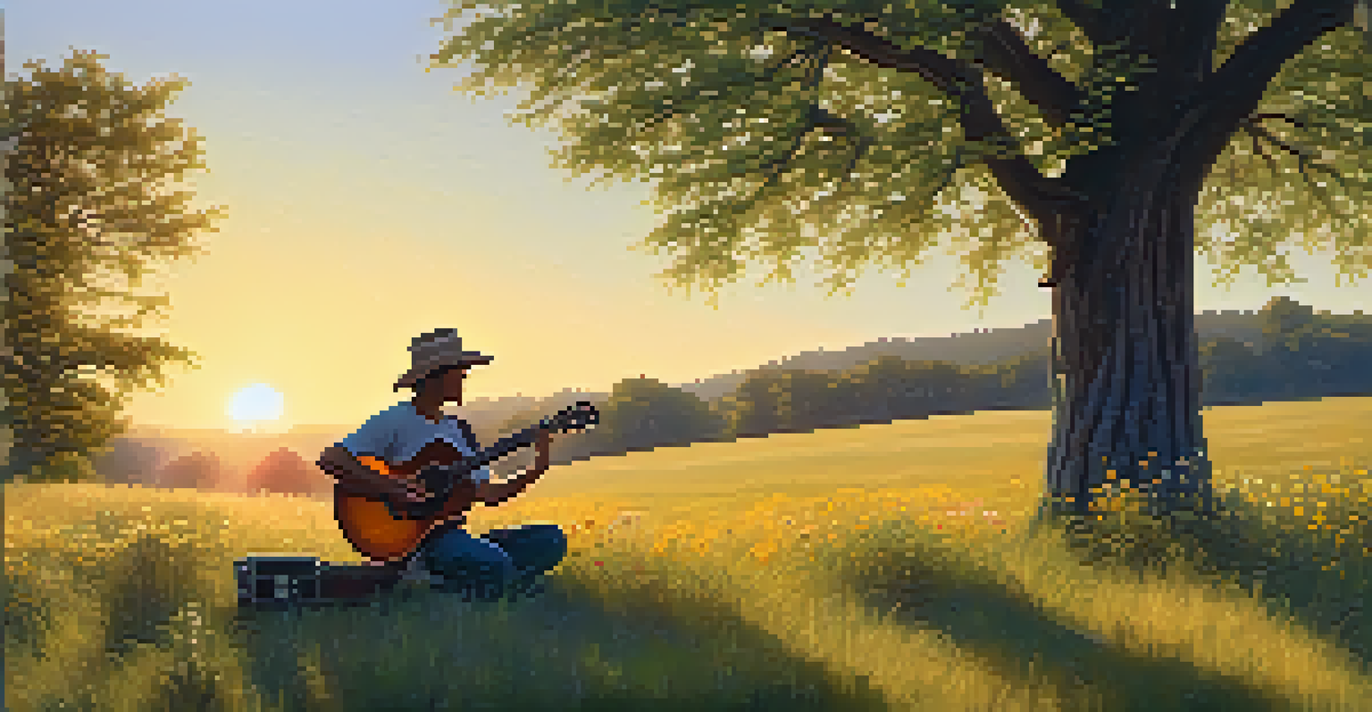 A guitarist sitting on a grassy hill under a tree, with a sunset in the background and wildflowers surrounding them.