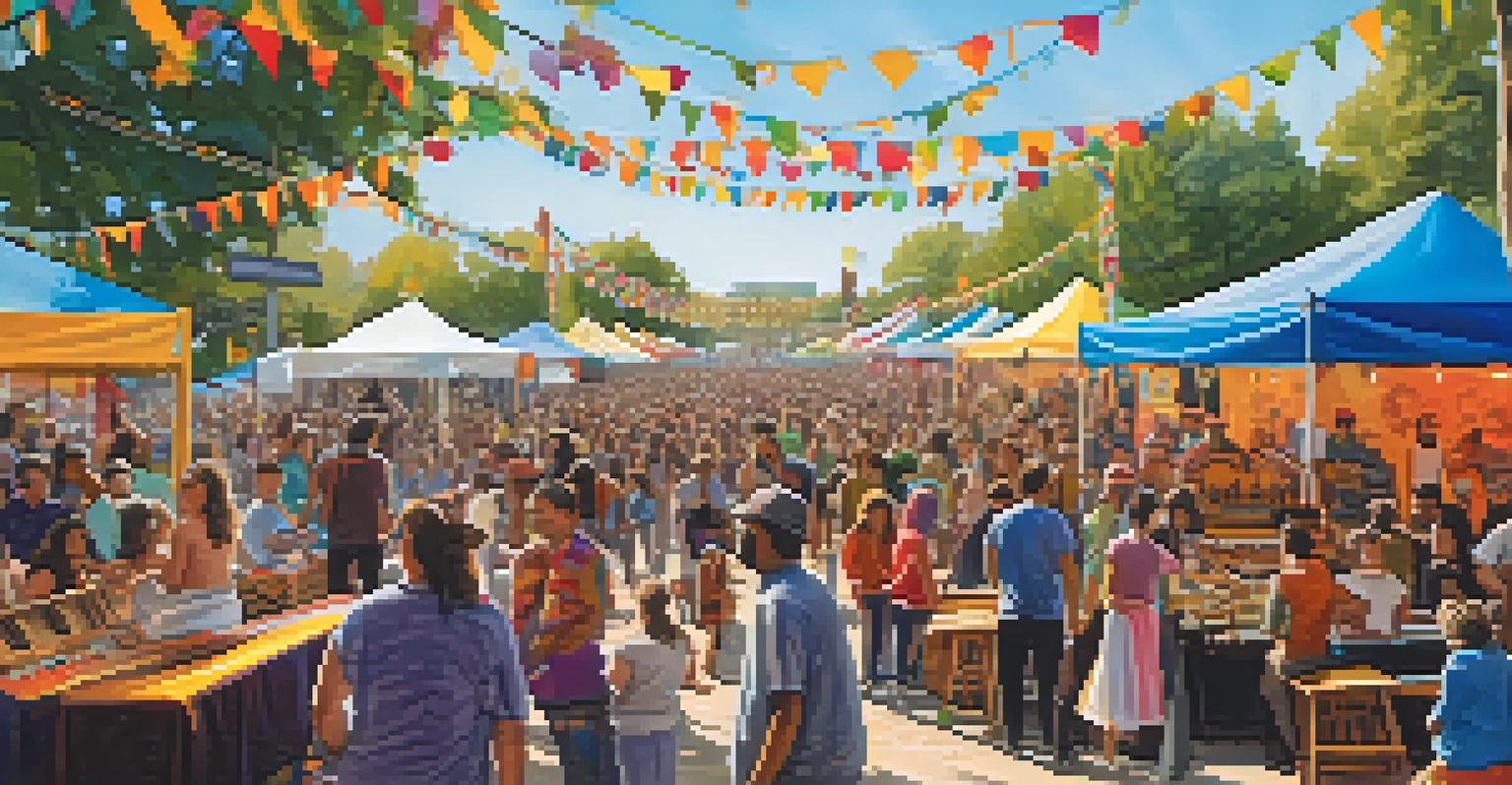 A community festival with a local band performing on stage, surrounded by colorful tents and families enjoying the atmosphere.