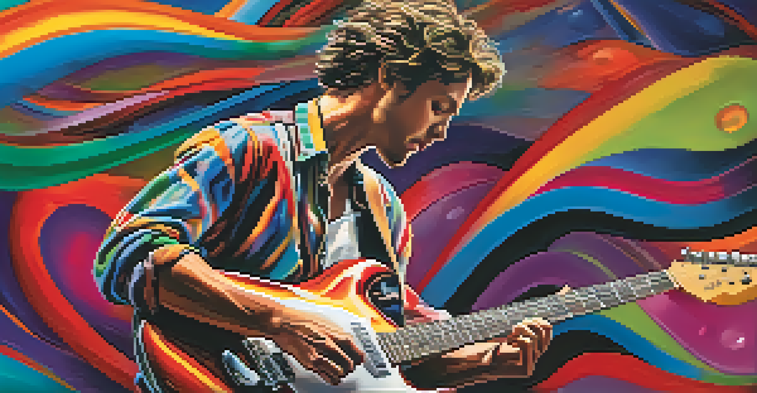 A guitarist playing with a backing track, surrounded by colorful sound waves, conveying rhythm and creativity.