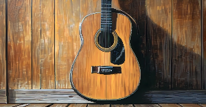 A close-up of a vintage acoustic guitar leaning against a wooden wall, with soft lighting and scattered sheet music pages around it.
