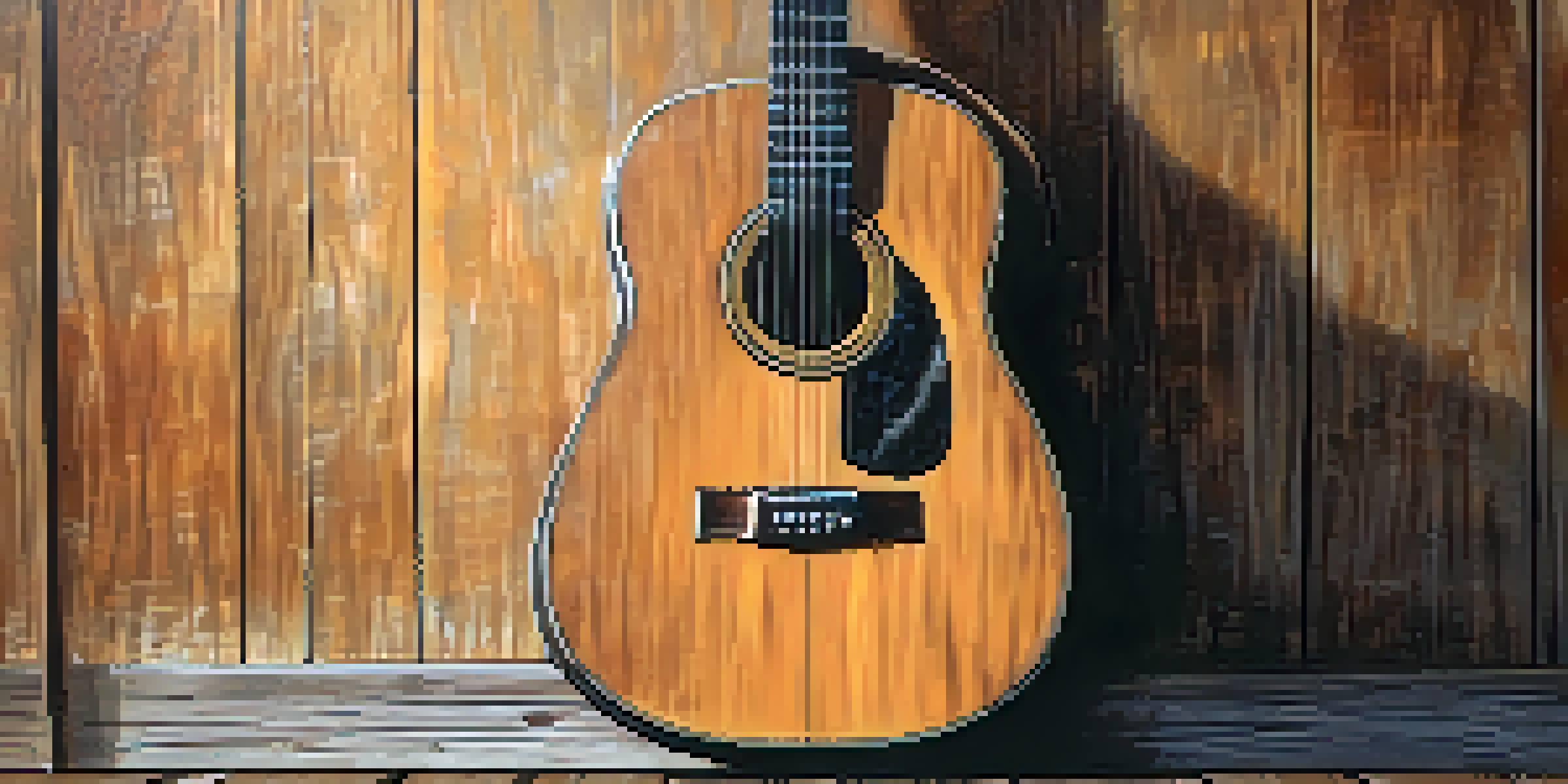 A close-up of a vintage acoustic guitar leaning against a wooden wall, with soft lighting and scattered sheet music pages around it.