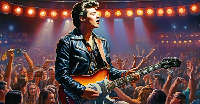 A 1950s rock and roll concert scene with a guitarist performing on stage surrounded by colorful lights and an enthusiastic crowd.