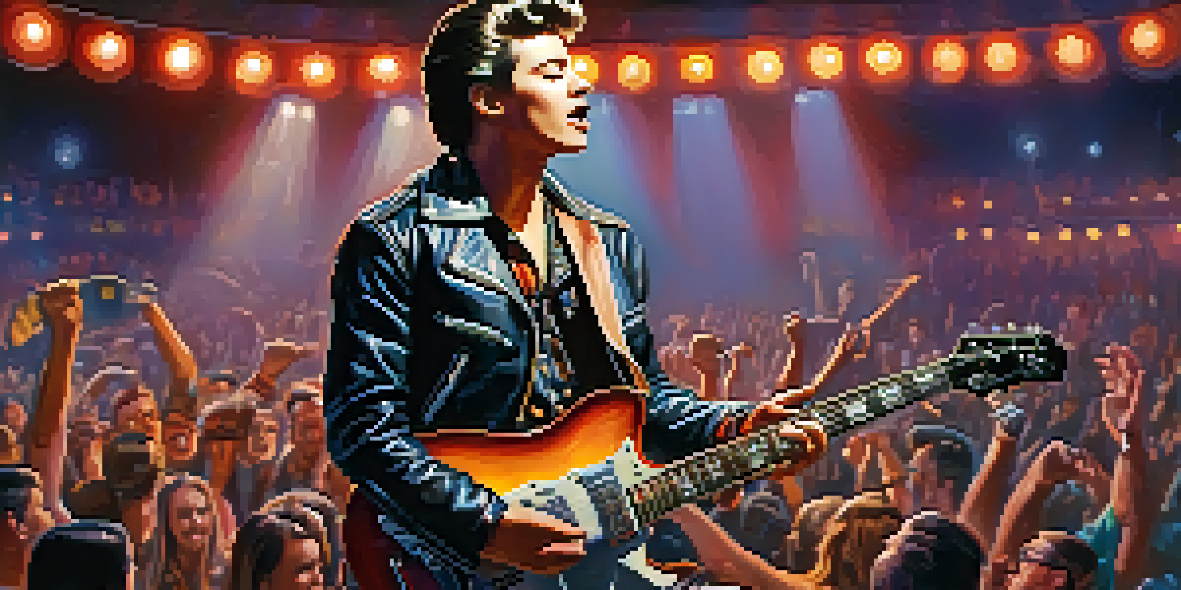 A 1950s rock and roll concert scene with a guitarist performing on stage surrounded by colorful lights and an enthusiastic crowd.