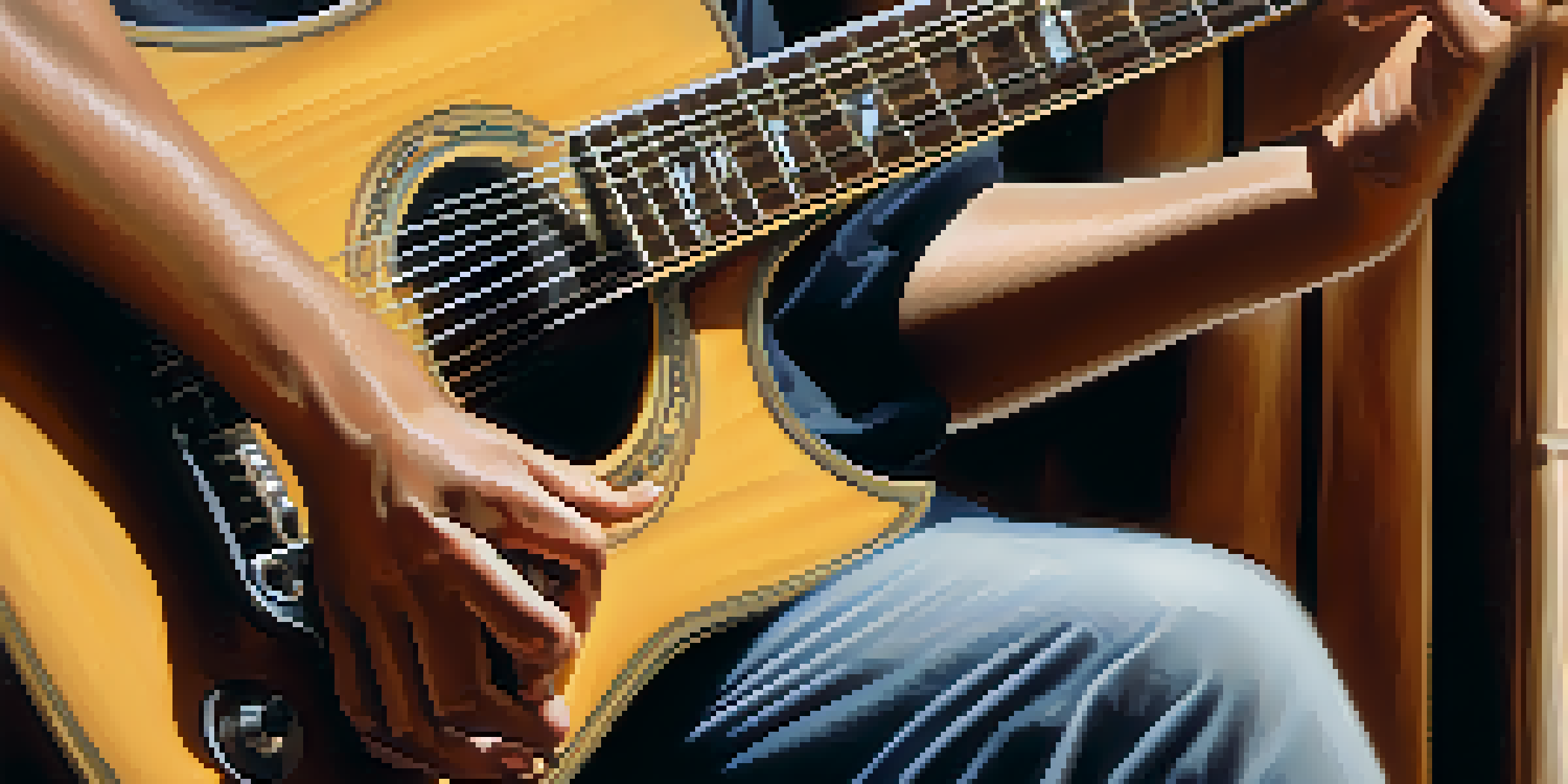 Close-up of a guitarist's hands strumming a guitar, showcasing the motion of downstrokes and upstrokes in warm lighting.