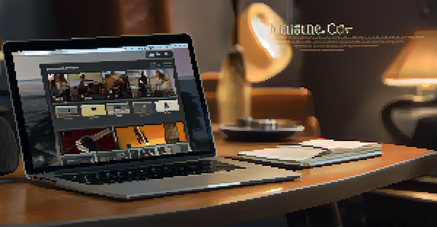 A close-up of a musician's portfolio on a laptop screen with videos and a stylish layout, cozy workspace in the background.