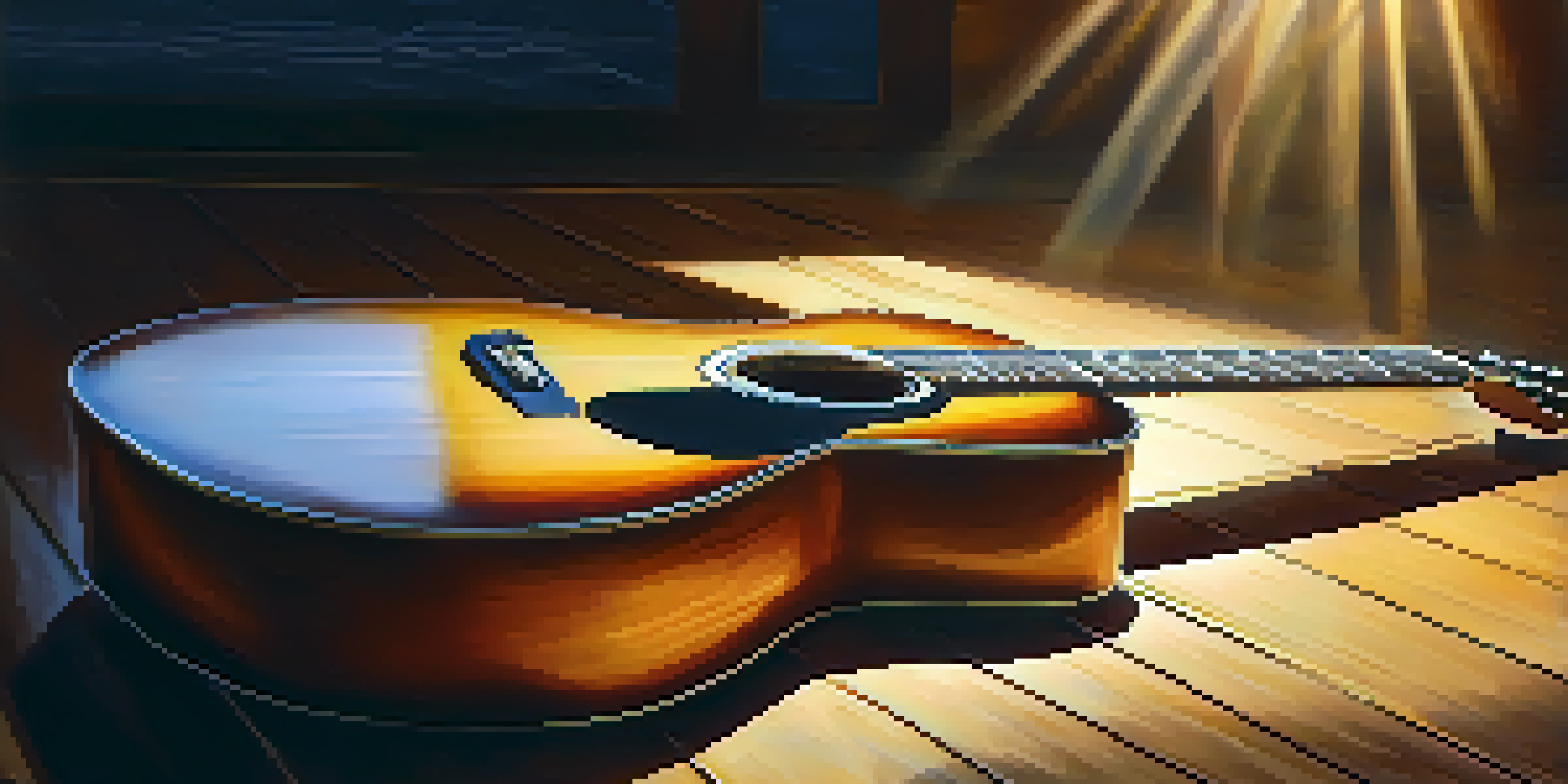 A close-up of a vintage acoustic guitar on a wooden stage, softly lit by warm light, with blurred silhouettes of musicians in the background.