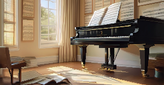 A cozy music studio featuring a grand piano, scattered sheet music, and warm golden light, creating an inviting atmosphere.