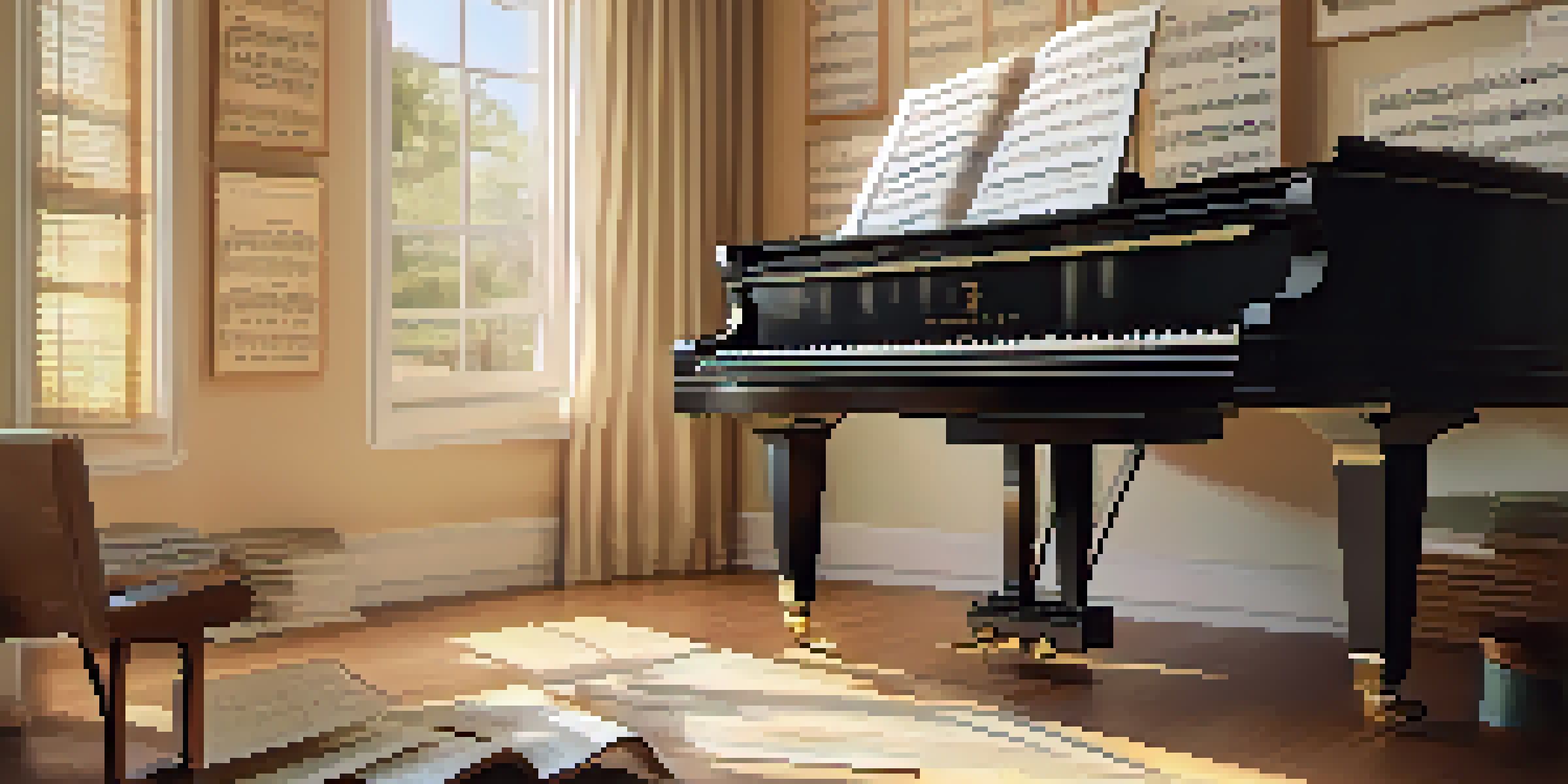 A cozy music studio featuring a grand piano, scattered sheet music, and warm golden light, creating an inviting atmosphere.