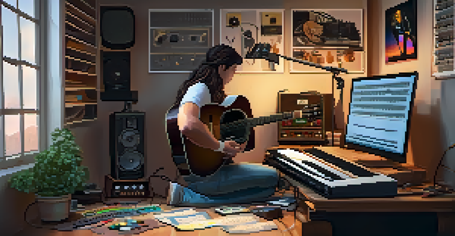 An artist in a cozy studio, intently adjusting EQ settings on a computer, surrounded by colorful guitar pedals and music sheets.