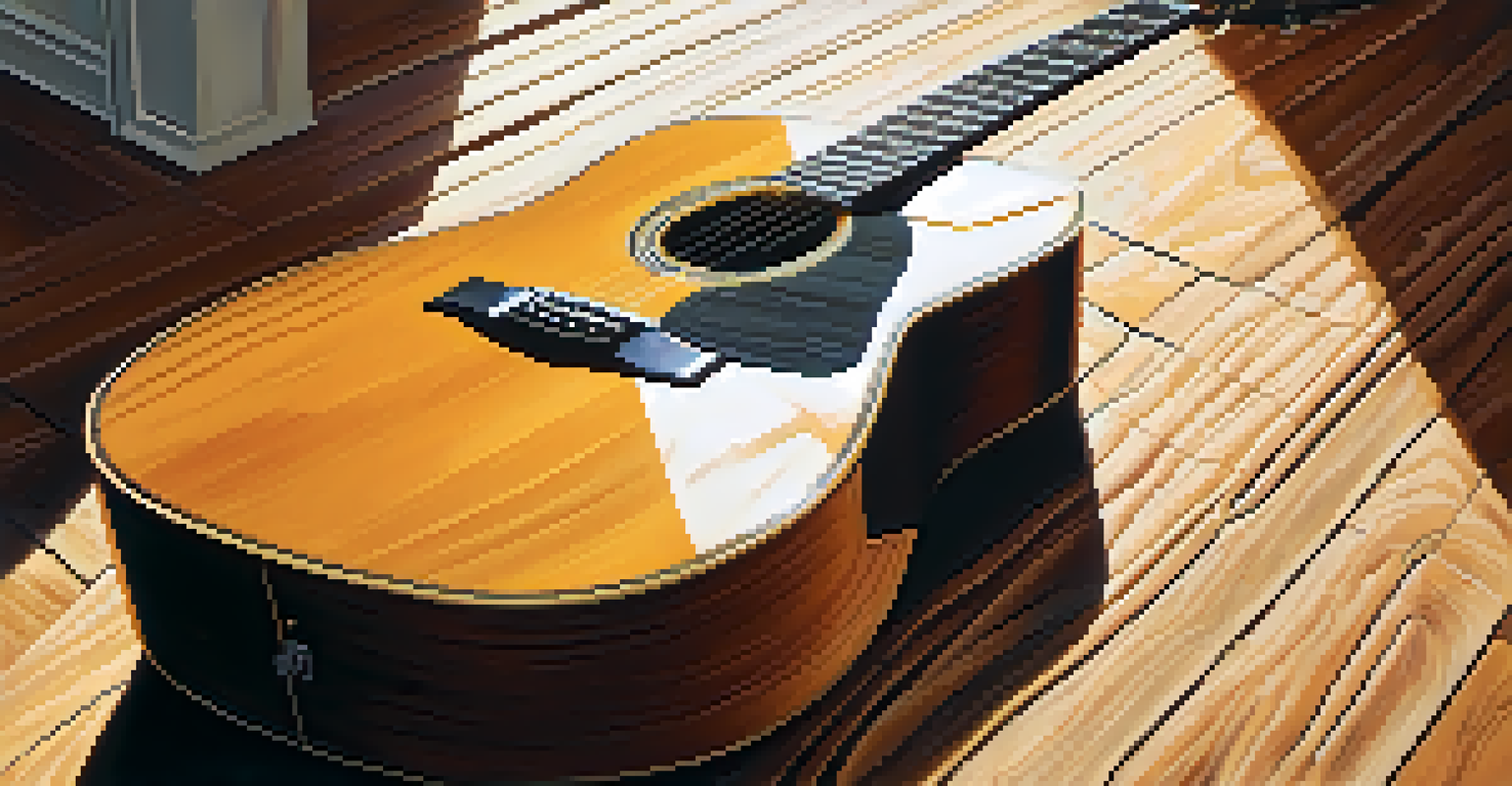 A close-up of an acoustic guitar on a wooden floor with warm sunlight and musical notes around it.