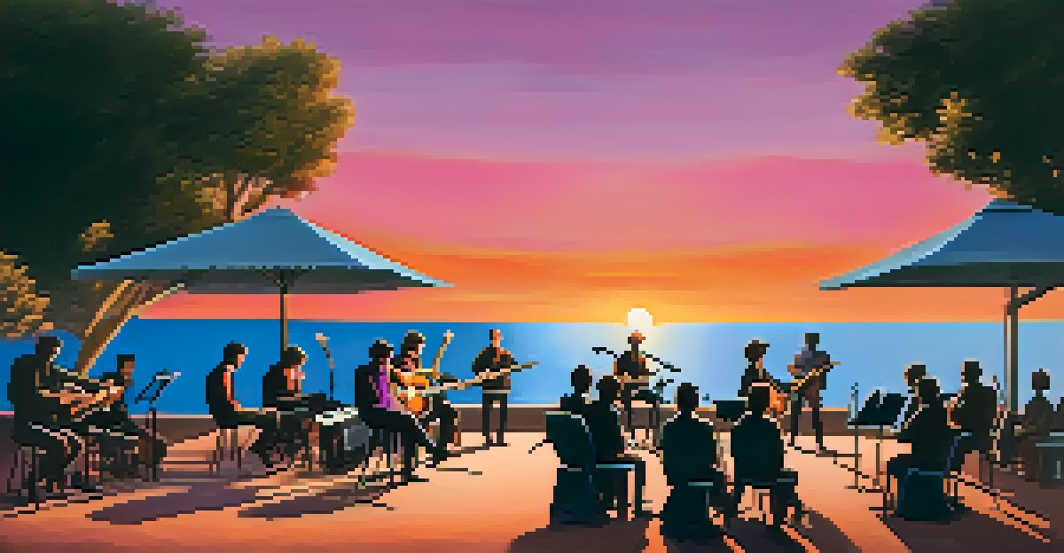 A guitar ensemble performing outdoors at sunset, with vibrant colors in the sky and an engaged audience.
