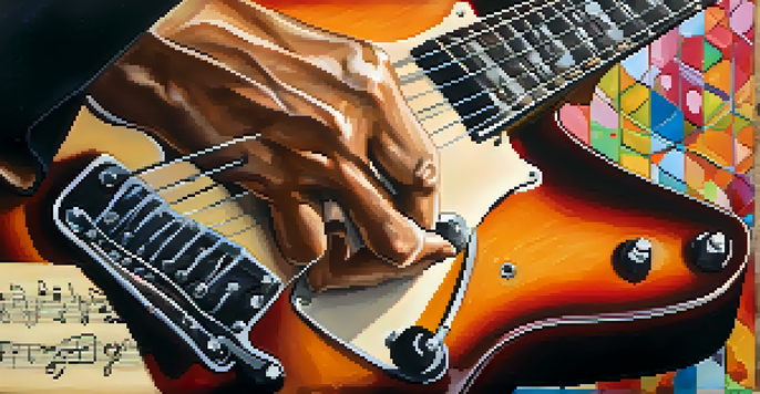 A close-up of a guitarist's hands playing a guitar, with a colorful background of musical notes and sheet music.