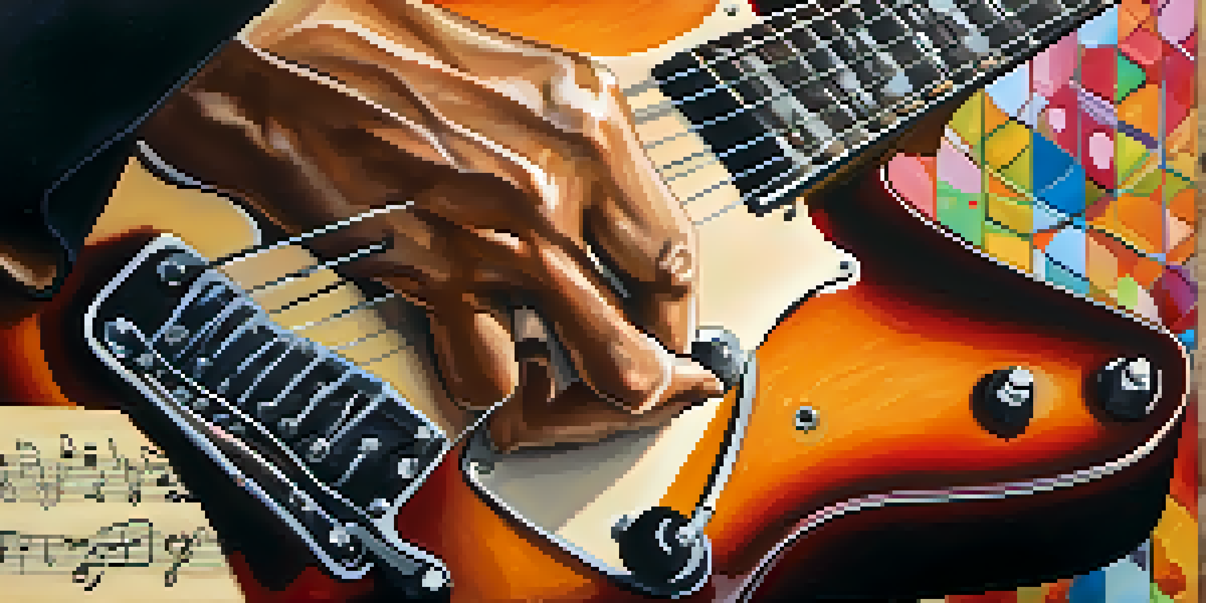 A close-up of a guitarist's hands playing a guitar, with a colorful background of musical notes and sheet music.
