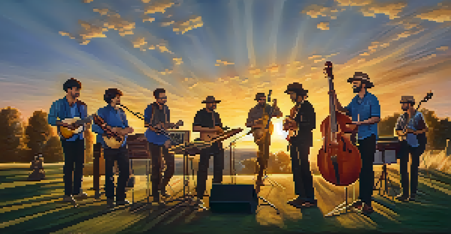 A group of musicians playing a folk song outdoors at sunset, with a guitarist at the center.
