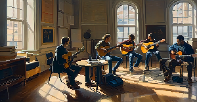 A diverse group of musicians discussing in a well-lit rehearsal space filled with various guitars and sheet music.