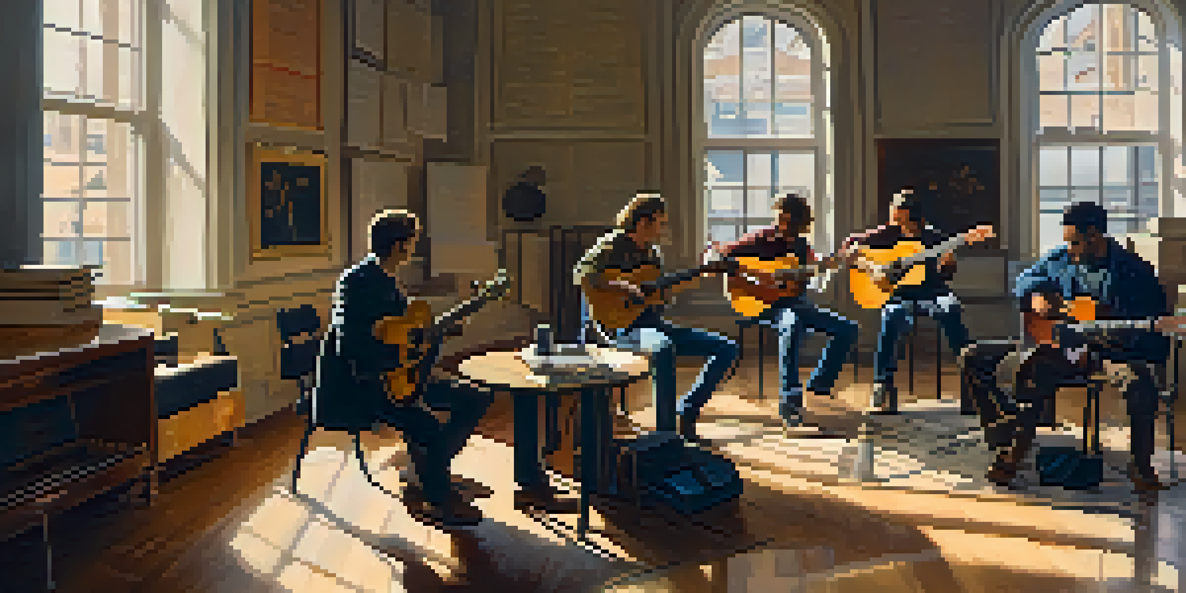 A diverse group of musicians discussing in a well-lit rehearsal space filled with various guitars and sheet music.