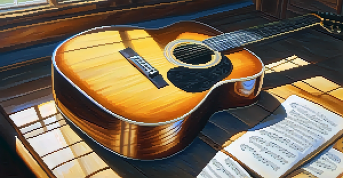 A close-up of an acoustic guitar on a wooden table with sunlight and sheet music.