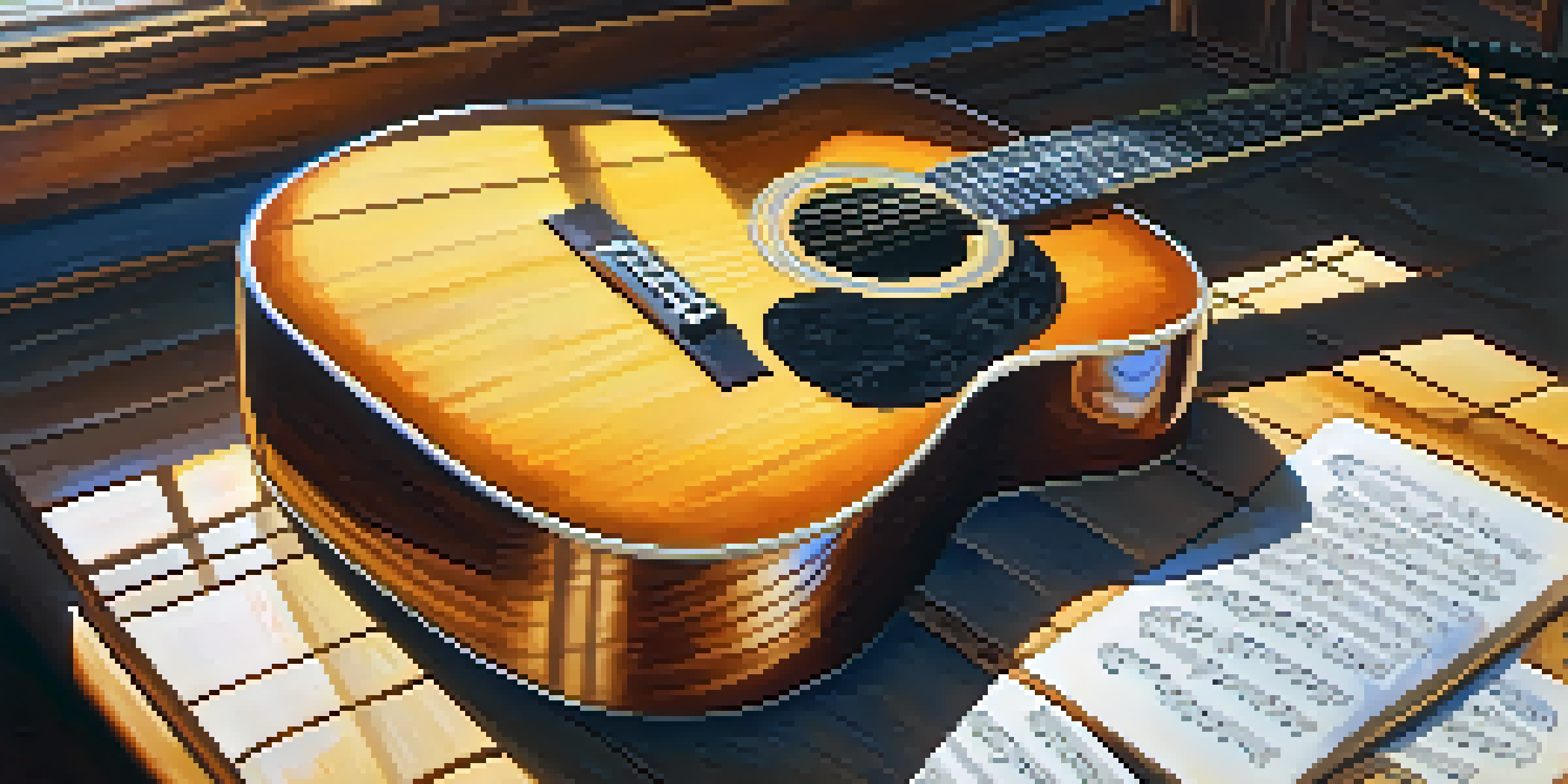 A close-up of an acoustic guitar on a wooden table with sunlight and sheet music.