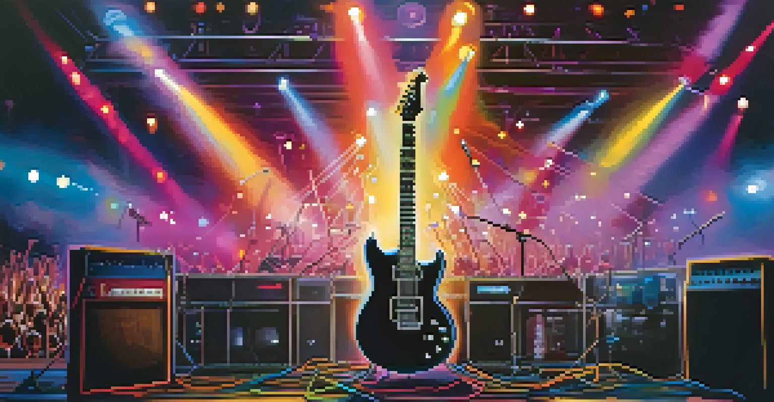 An electric guitar on a stage with colorful lights and amplifiers, set against a blurred crowd silhouette.
