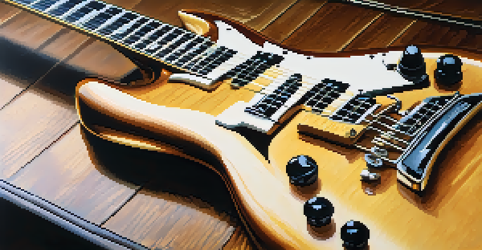 A close-up image of an electric guitar on a wooden stage with soft lighting reflecting off its strings.