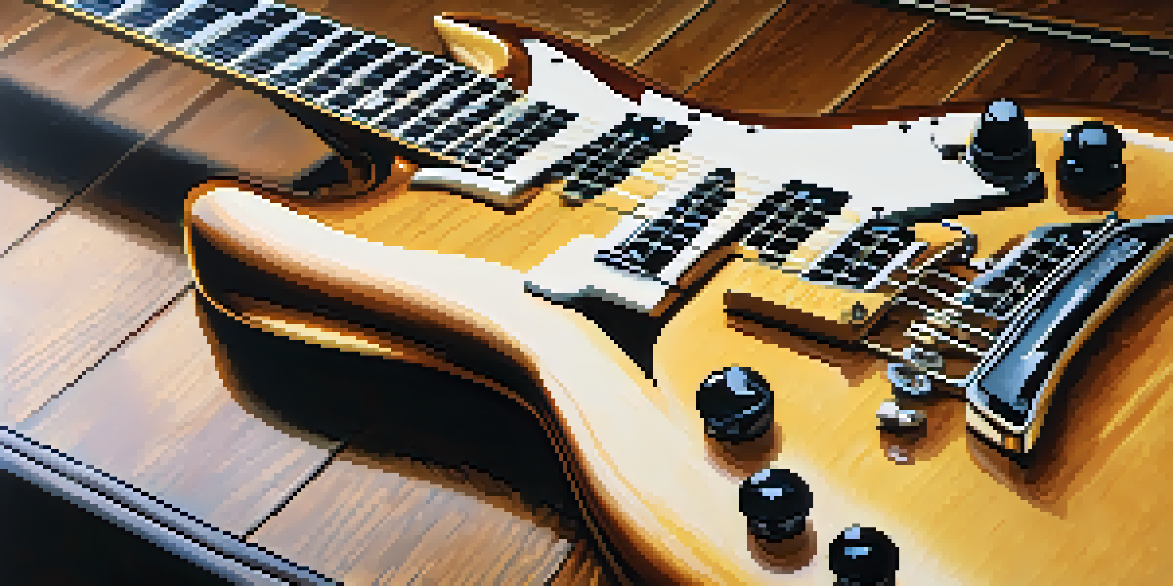 A close-up image of an electric guitar on a wooden stage with soft lighting reflecting off its strings.