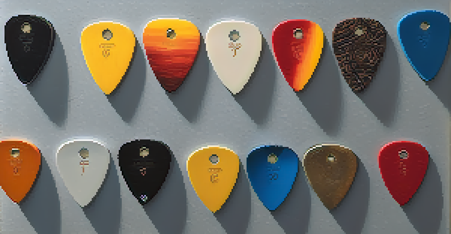 A display of innovative and traditional guitar picks against a minimalist backdrop, showcasing their unique designs and textures.