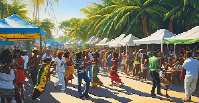 A lively Jamaican street festival with people dancing and musicians playing guitars, surrounded by colorful decorations and palm trees under warm sunlight.