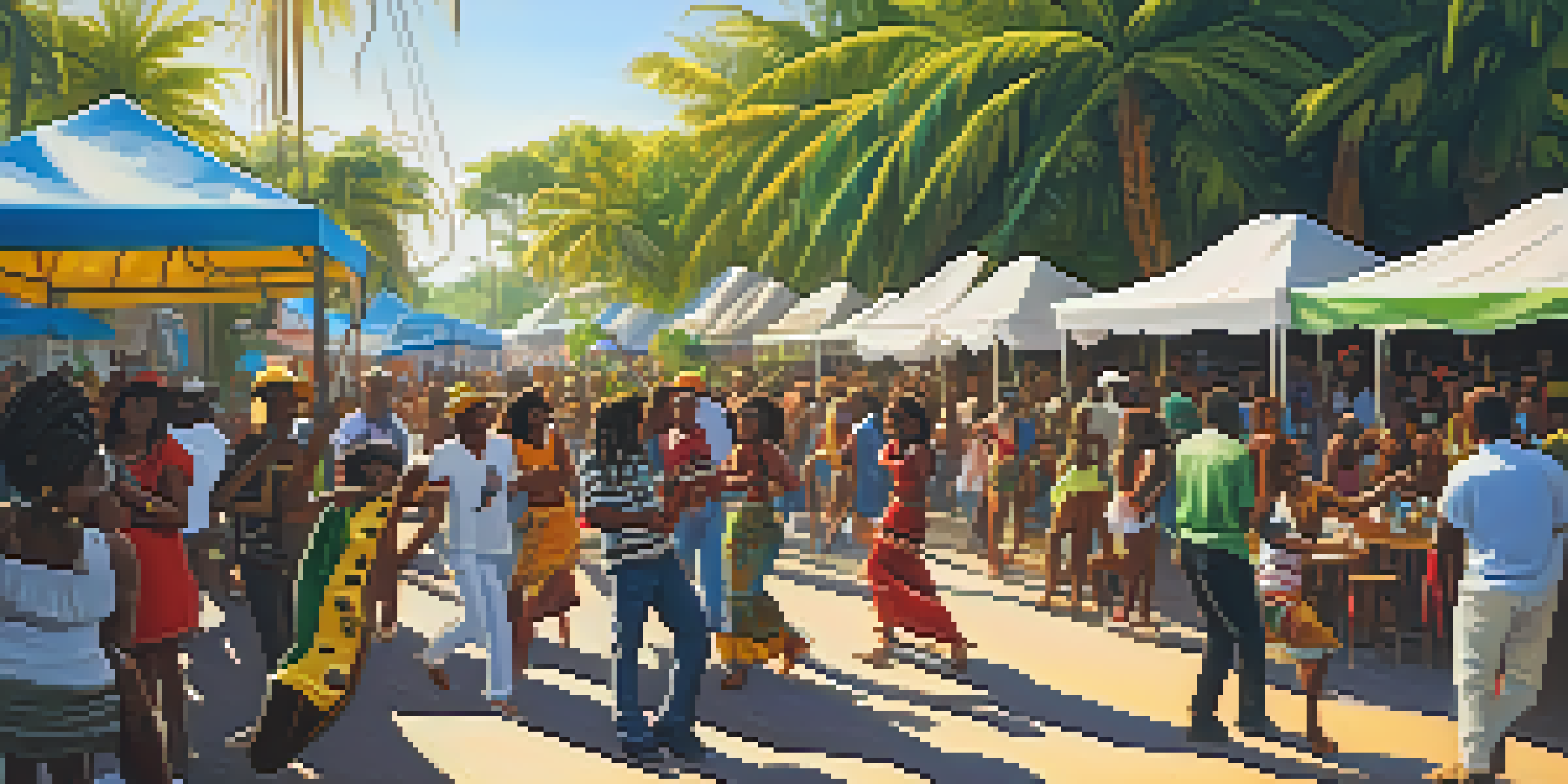 A lively Jamaican street festival with people dancing and musicians playing guitars, surrounded by colorful decorations and palm trees under warm sunlight.