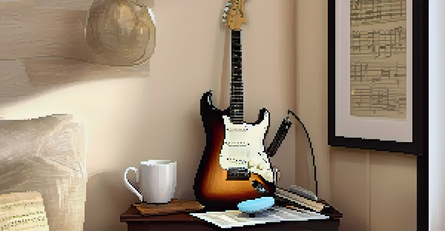 A side view of a Fender Stratocaster guitar on a music stand in a cozy home studio with music sheets and a cup of coffee.