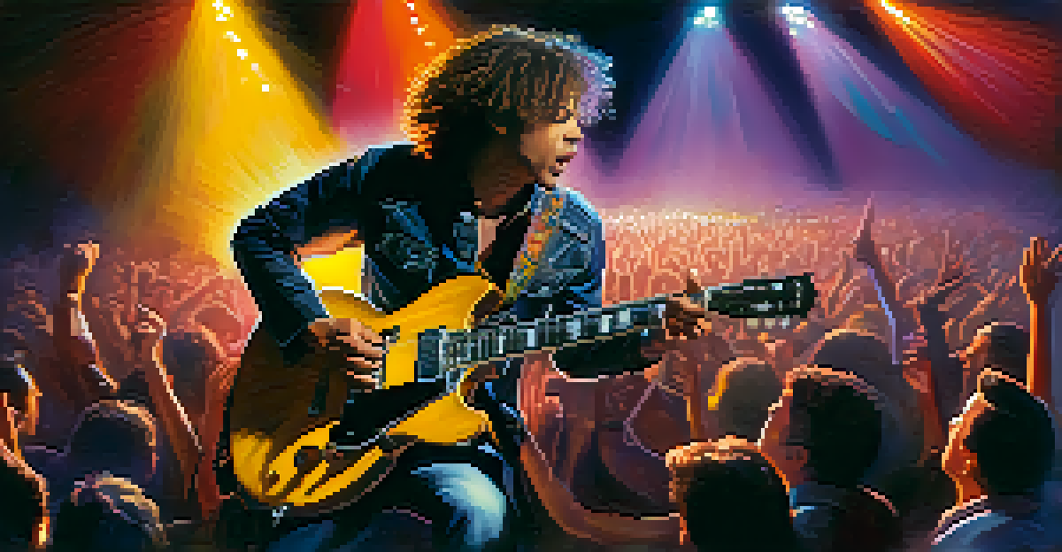 A guitarist performing passionately on stage with colorful lights and an energetic crowd in the background.