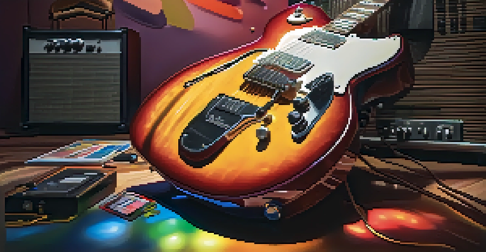 A close-up view of an electric guitar leaning against an amplifier, with effects pedals nearby, set in a softly lit music studio.