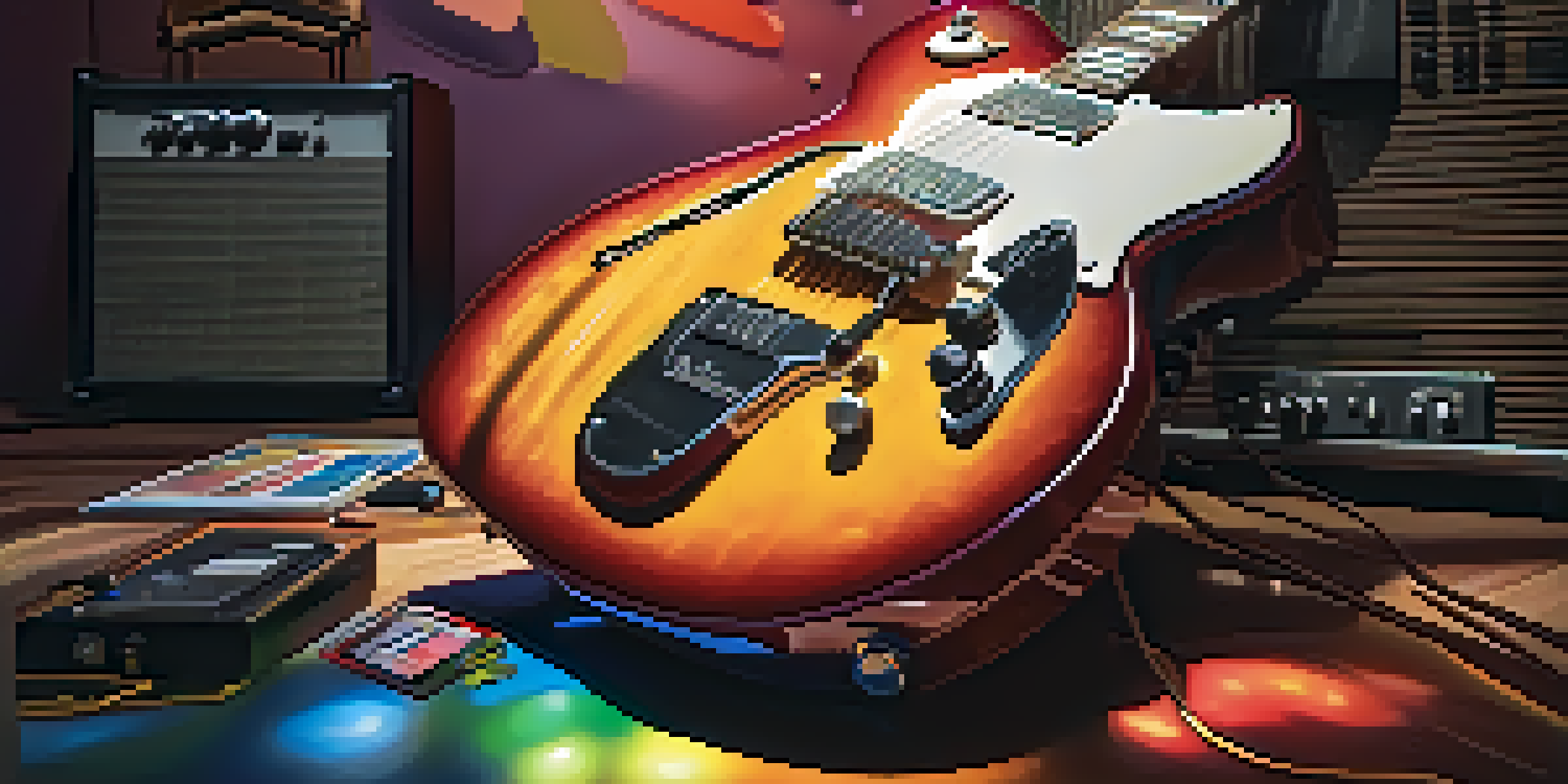 A close-up view of an electric guitar leaning against an amplifier, with effects pedals nearby, set in a softly lit music studio.