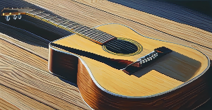 A wooden acoustic guitar placed on a rustic table with a capo on the second fret, illuminated by sunlight.