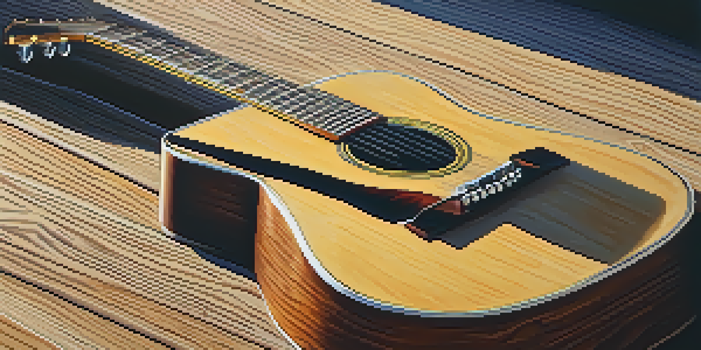 A wooden acoustic guitar placed on a rustic table with a capo on the second fret, illuminated by sunlight.