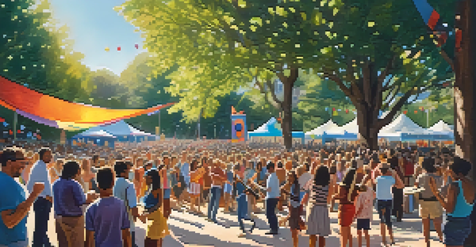 A lively outdoor guitar festival with musicians performing on stage and a diverse audience enjoying the music under the sun.