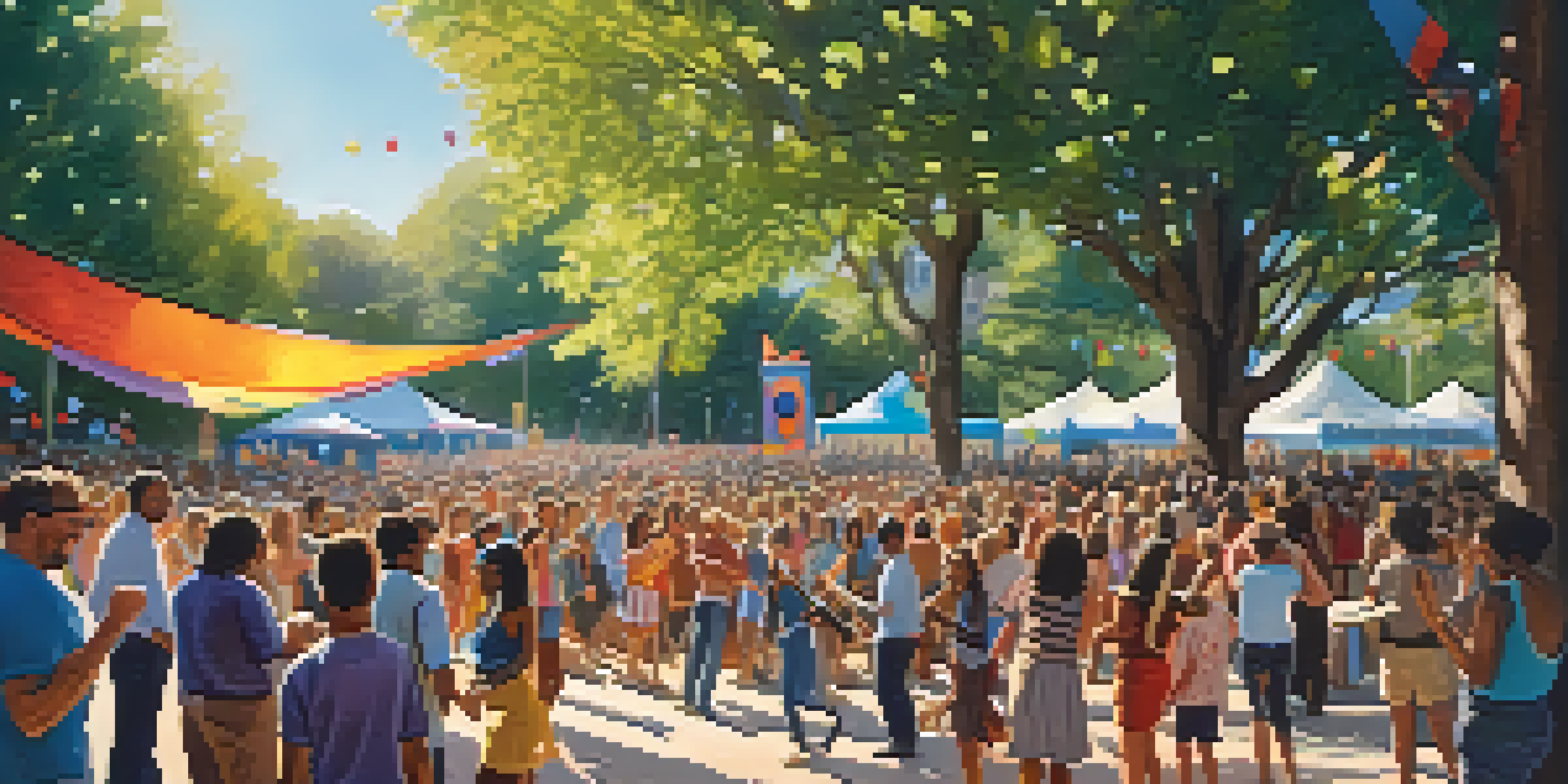 A lively outdoor guitar festival with musicians performing on stage and a diverse audience enjoying the music under the sun.