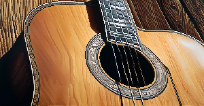 A close-up of an acoustic guitar against a wooden wall, showcasing its craftsmanship and the texture of the wood.
