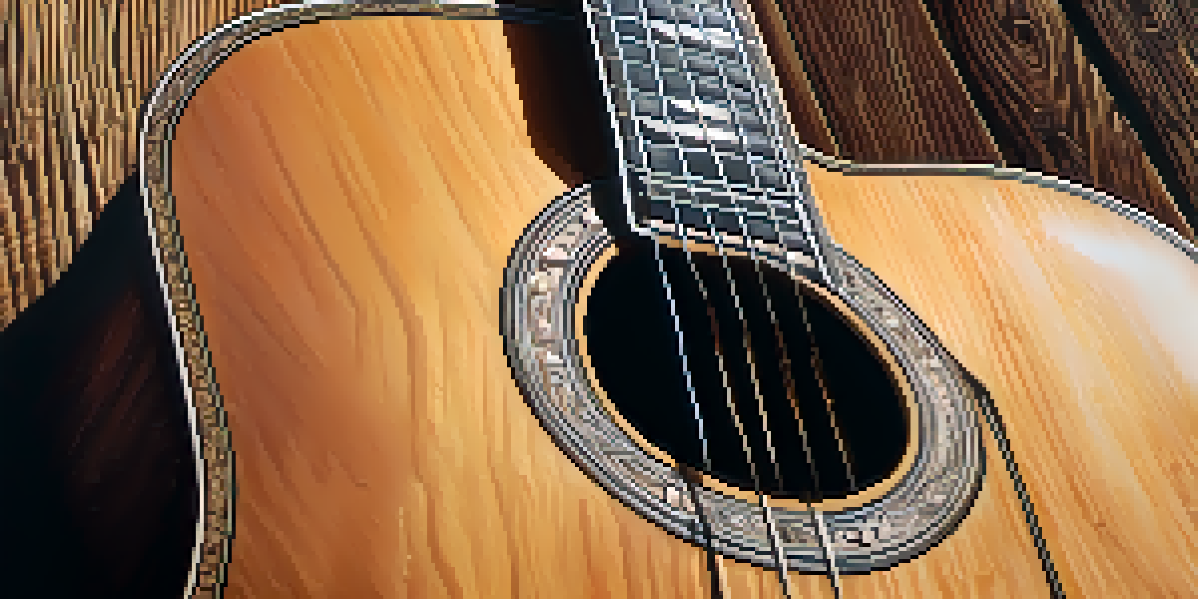 A close-up of an acoustic guitar against a wooden wall, showcasing its craftsmanship and the texture of the wood.
