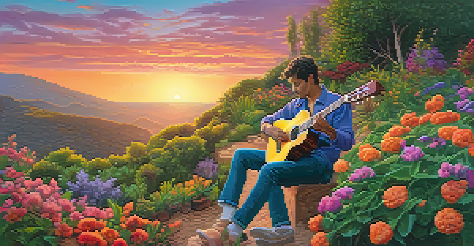 A guitarist playing a Spanish guitar under a colorful sunset, surrounded by greenery and flowers.