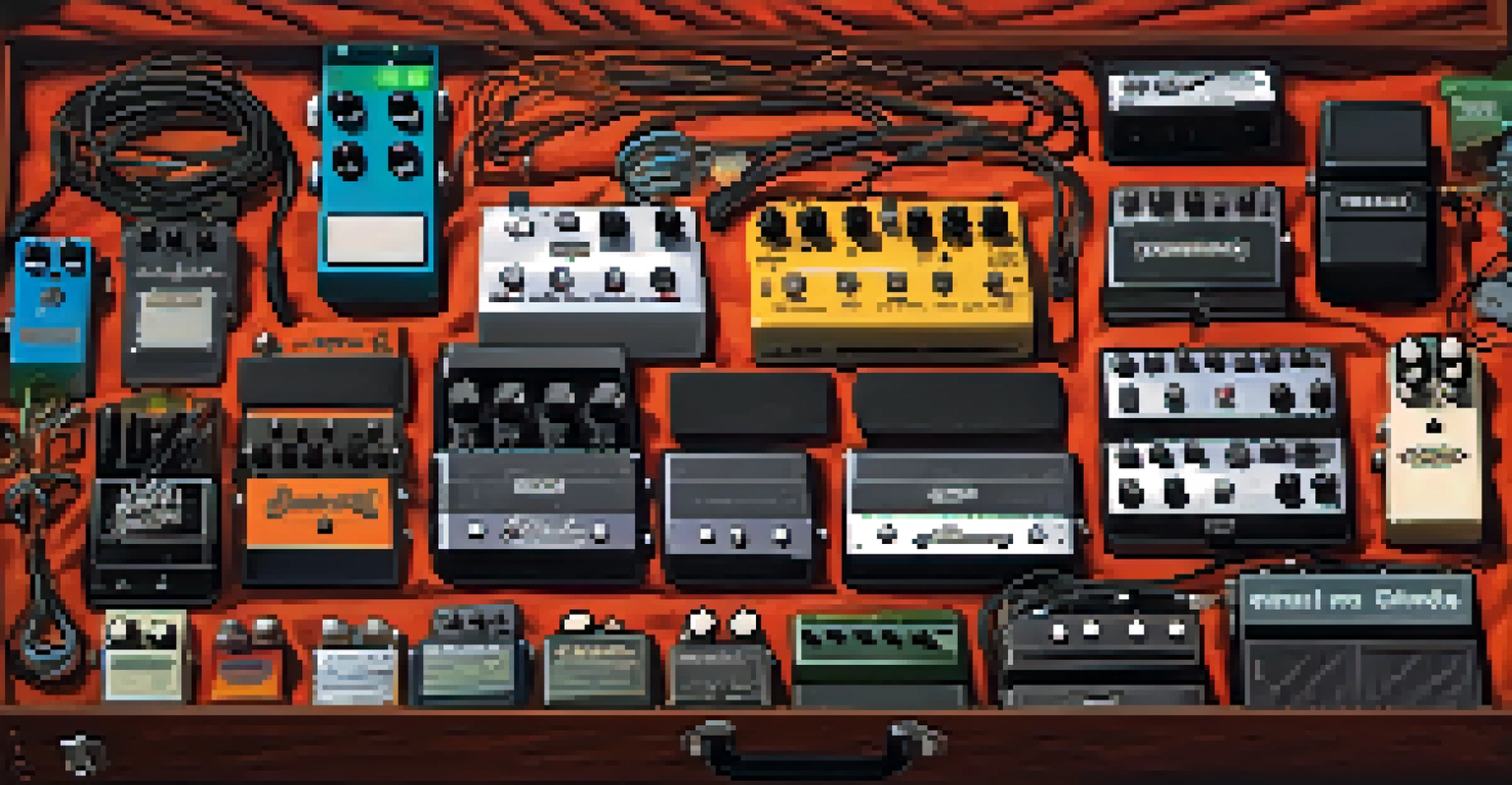 A flat lay of a pedalboard setup showcasing various guitar pedals on a textured fabric background, with neatly arranged cables.