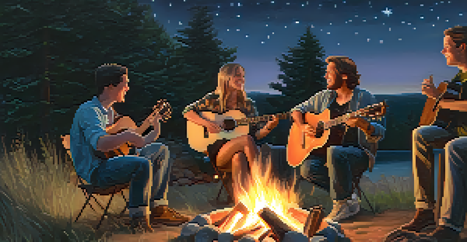 Friends playing guitar around a campfire at dusk, with a starry sky and joyful expressions.
