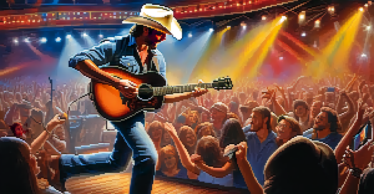 A guitarist on stage with a cowboy hat, passionately playing in front of a cheering crowd, surrounded by colorful stage lights.
