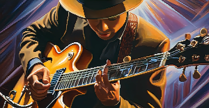 A jazz guitarist in a fedora plays an electric guitar on stage, surrounded by warm lights.