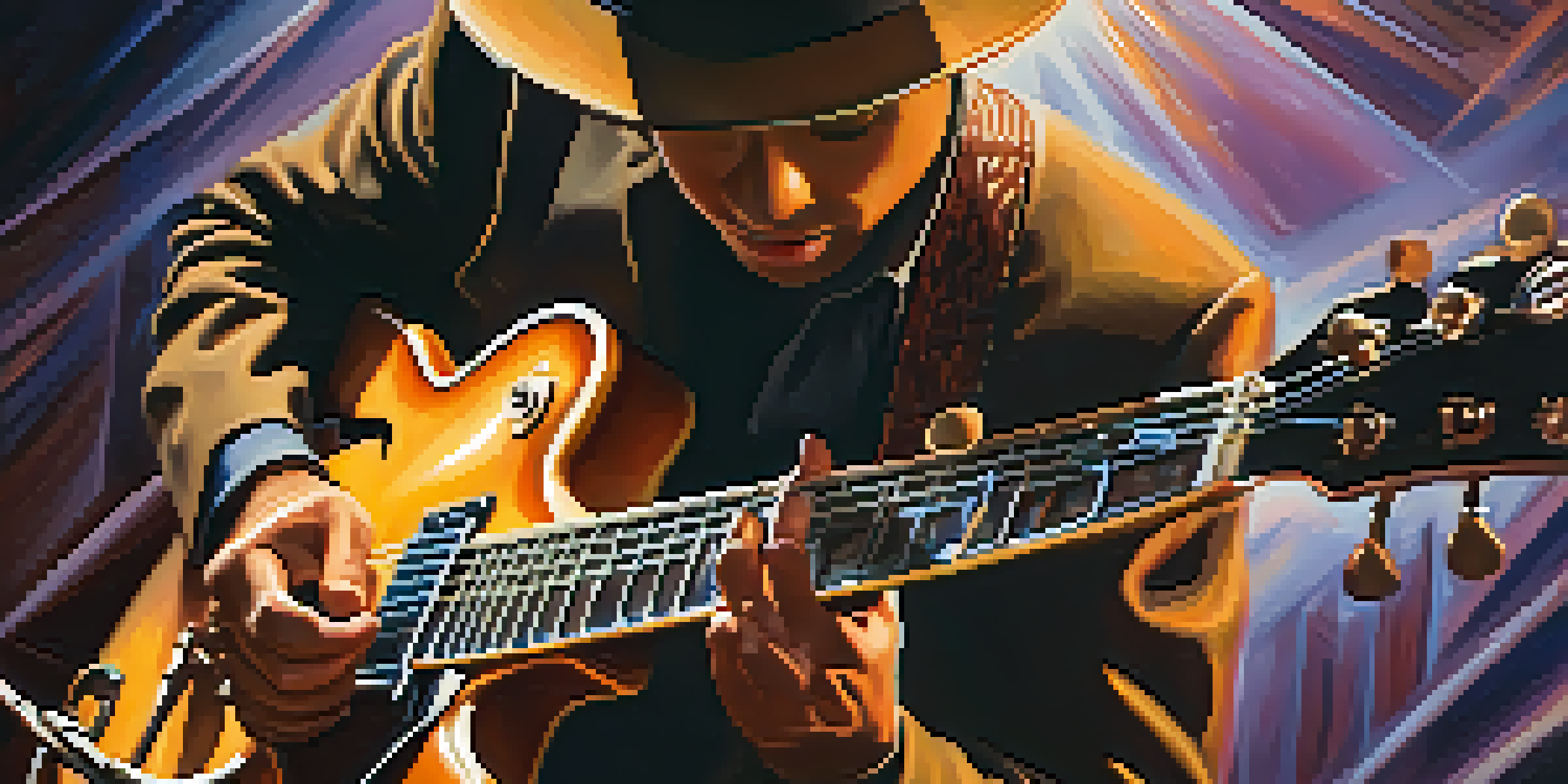 A jazz guitarist in a fedora plays an electric guitar on stage, surrounded by warm lights.