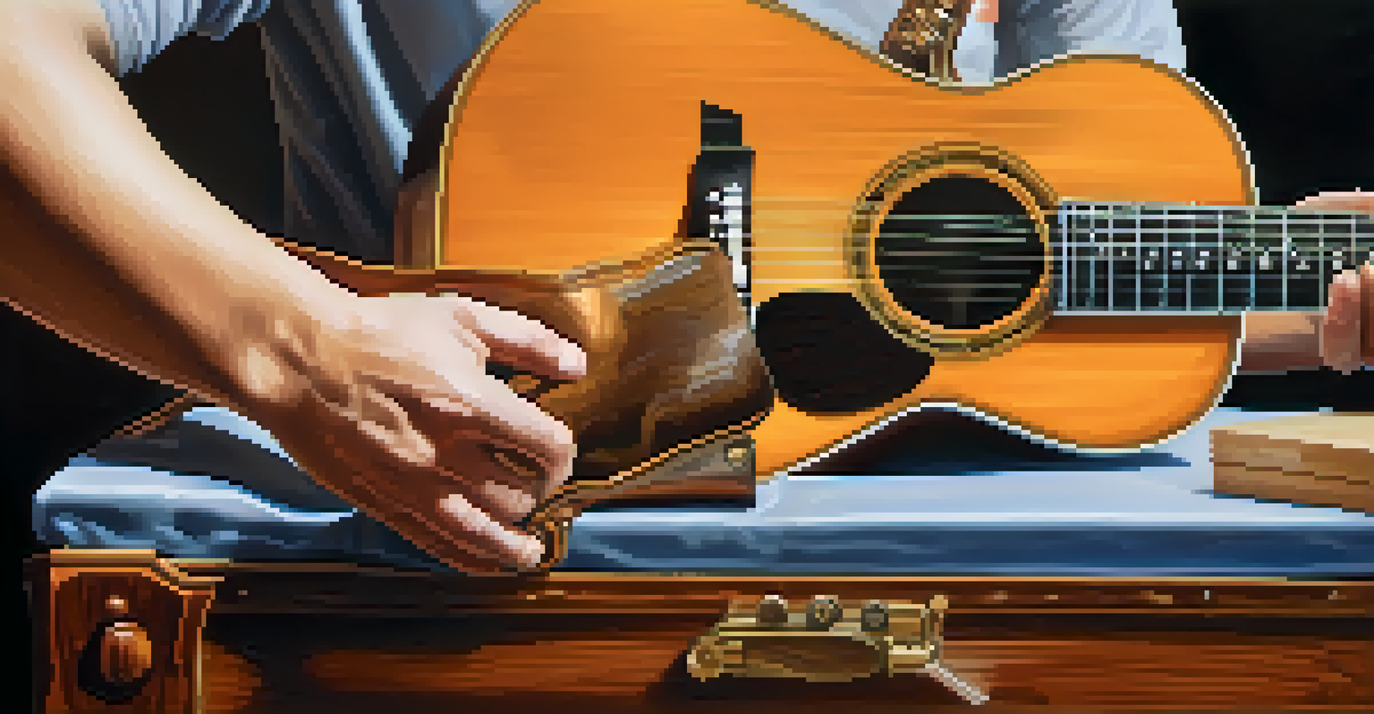 A musician polishing a vintage guitar with a nitrocellulose finish, focusing on the details of the instrument and the polishing process.