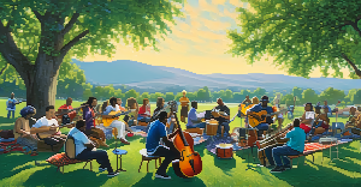 A lively outdoor jam session with musicians playing various instruments in a sunny park.