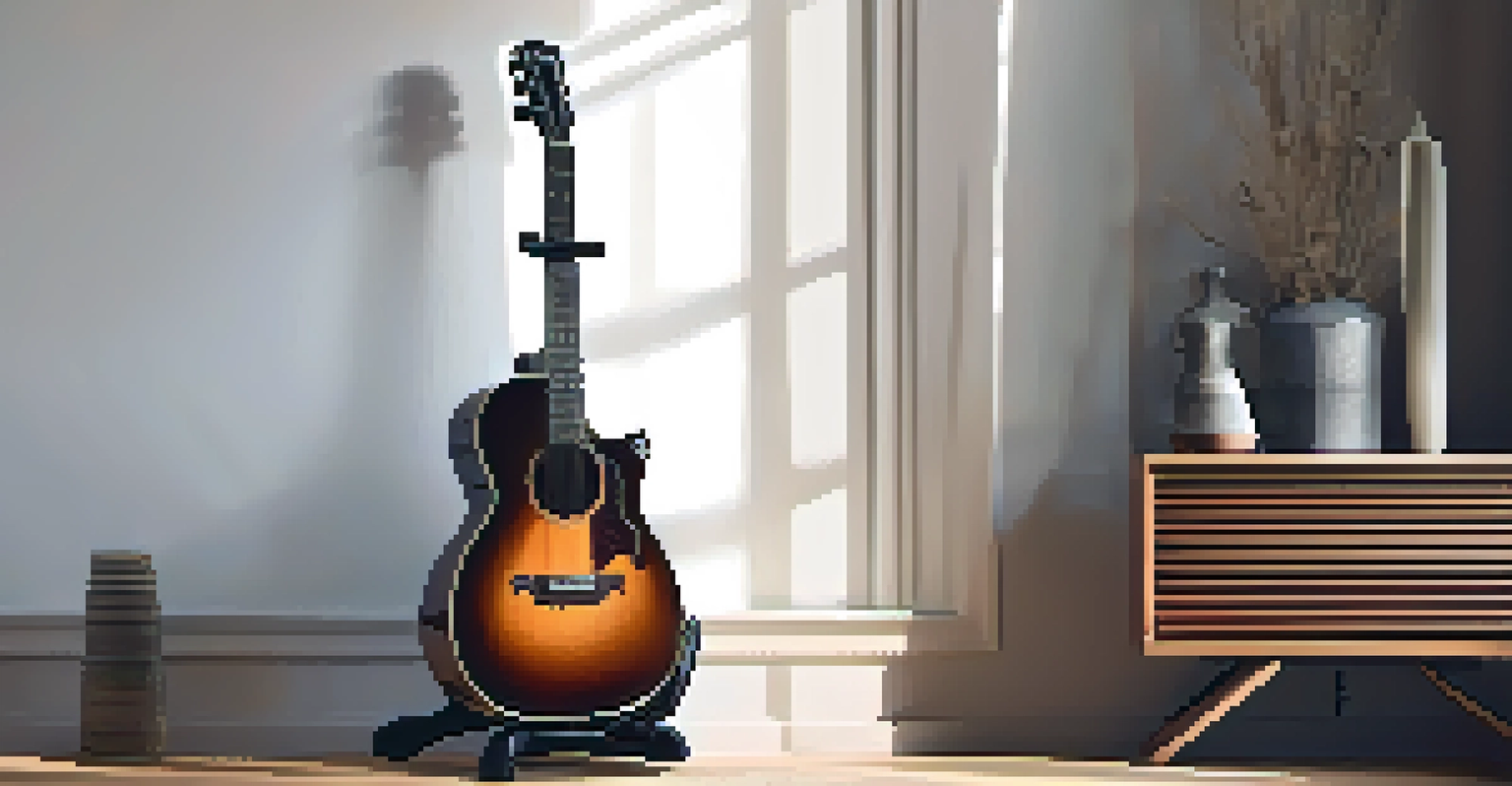 A wall-mounted wooden guitar stand showcasing a vintage guitar against a light-colored wall, illuminated by natural light.
